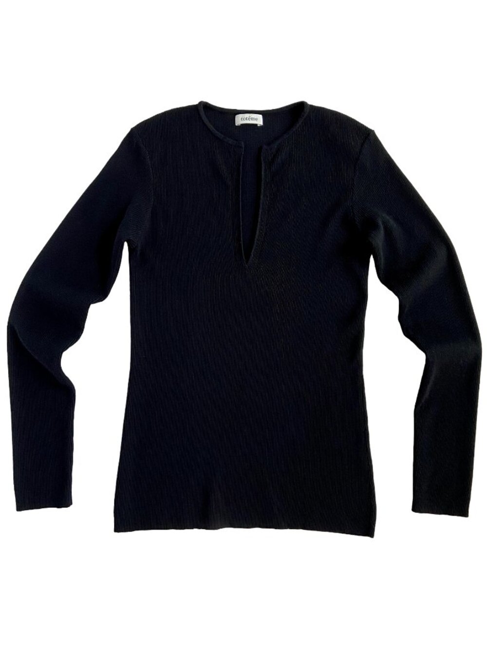 TOTEME BLACK RIBBED WOOL KNIT SWEATER TOP V-NECK SMALL